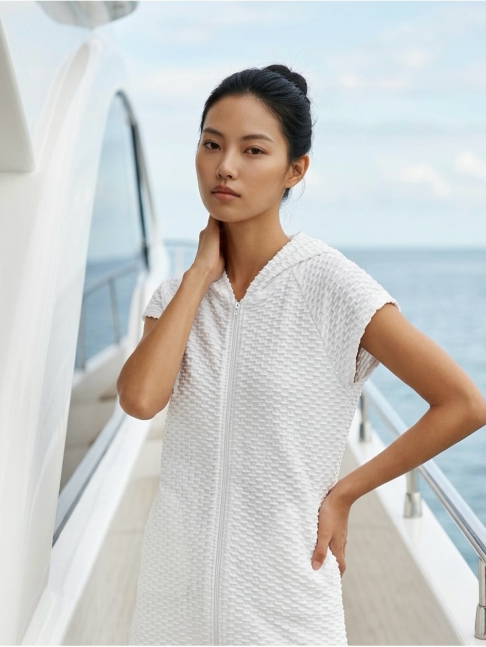 Jordan Taylor White Knit Hooded Zip Swim Coverup Cruise Beach-S